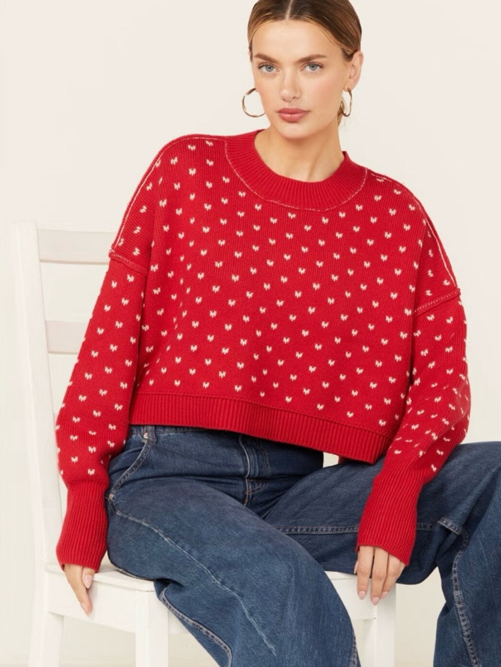 Free People Patterned Easy Street Crop Sweater- Oversized- Size M